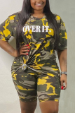 Yellow Fashion Casual adult Ma'am O Neck Letter Camouflage Two Piece Suits Stitching Plus Size