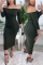 Army Green Fashion Sexy Off The Shoulder Half Sleeve Bateau Neck Pencil Skirt Mid Calf Solid Dresses