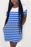 Light blue Fashion Casual Regular sleeve Short Sleeve O Neck A Line Mini Striped Dresses