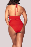 Red Fashion Sexy V Neck Sleeveless Off The Shoulder Solid Plus Size Swimsuit