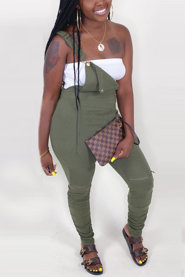 Olive green Red Yellow Olive green Bib pants Sleeveless High Patchwork Solid Draped pencil Pants Bottoms