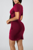 Wine Red Milk. Fashion adult Europe and America Ma'am Cap Sleeve Short Sleeves V Neck Pencil Dress Knee-Length Solid Dresses