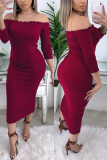 Blue Fashion Sexy Off The Shoulder Half Sleeve Bateau Neck Pencil Skirt Mid Calf Solid Dresses