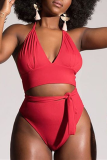 Purple Fashion Sexy V Neck Sleeveless Off The Shoulder Solid Plus Size Swimsuit