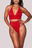 Red Fashion Sexy V Neck Sleeveless Off The Shoulder Solid Plus Size Swimsuit