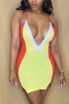 Orange Fashion adult Ma'am OL Orange Spaghetti Strap Sleeveless V Neck Pencil Dress skirt Patchwork Colouring backless Dresses