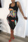 White Europe and America Street White Spaghetti Strap Sleeveless O neck Pencil Dress Knee-Length Print Dresses