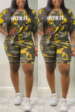 Yellow Fashion Casual adult Ma'am O Neck Letter Camouflage Two Piece Suits Stitching Plus Size