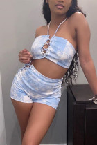 Sky Blue Fashion Sexy Sleeveless Strapless Off The Shoulder Short Print Two Pieces