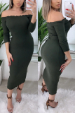 Wine Red Fashion Sexy Off The Shoulder Half Sleeve Bateau Neck Pencil Skirt Mid Calf Solid Dresses