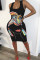 White Europe and America Street White Spaghetti Strap Sleeveless O neck Pencil Dress Knee-Length Print Dresses