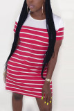Rose Red Fashion Casual Regular sleeve Short Sleeve O Neck A Line Mini Striped Dresses