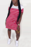 Rose Red Fashion Casual Regular sleeve Short Sleeve O Neck A Line Mini Striped Dresses