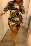 Ink Green Fashion Plus Size Printed Long Sleeve Dress