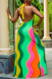 The lime green Sexy The lime green blue and yellow Sleeveless Halter Neck A-Line Floor-Length Striped Print Rainbow backless Dresses