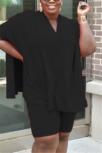 Black Fashion adult Street V Neck Patchwork Solid Split Two Piece Suits Stitching Plus Size