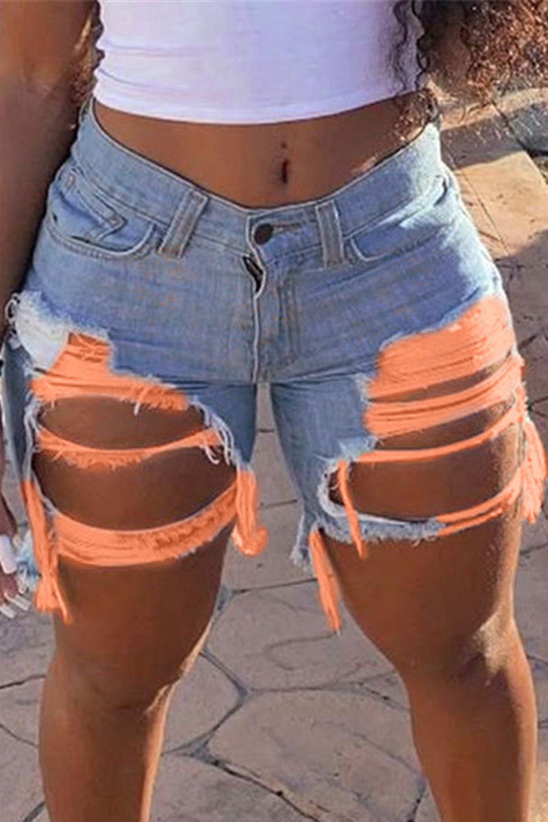 Orange Fashion Sexy Mid Waist Broken Hole Denim Trousers