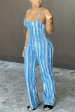 Blue Sexy Striped Backless Sleeveless Slip Jumpsuits
