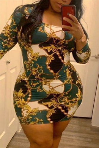 Ink Green Fashion Plus Size Printed Long Sleeve Dress