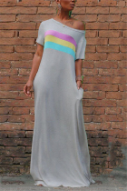 Gray Fashion Casual Regular sleeve Short Sleeve Bateau Neck Printed Dress Floor Length Striped Print Dresses