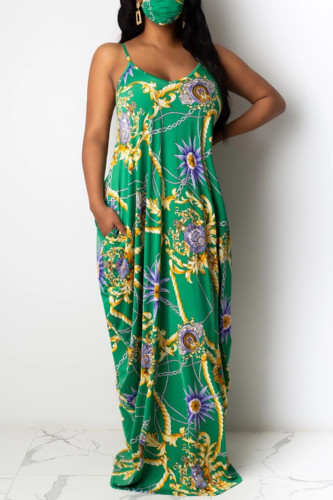 Green Fashion Sexy adult Black Green Pink Orange purple Off The Shoulder Sleeveless Slip Swagger Floor-Length Print Patchwork Dresses