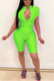 Fluorescent green Fashion Casual Solid zipper Short Sleeve O Neck Rompers