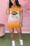 Orange Casual Black Blue Orange Short Sleeves O neck Straight Mini Print Ombre Dresses