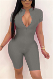 Grey Fashion Casual Solid zipper Short Sleeve O Neck Rompers