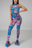 multicolor Fashion Sexy Print Backless Sleeveless O Neck Jumpsuits