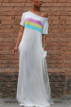 White Fashion Casual Regular sleeve Short Sleeve Bateau Neck Printed Dress Floor Length Striped Print Dresses