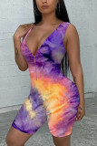 purple Fashion street Print zipper Sleeveless V Neck Rompers