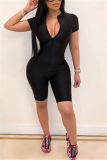 Black Fashion Casual Solid zipper Short Sleeve O Neck Rompers