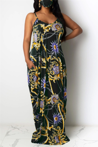 Black Fashion Sexy adult Black Green Pink Orange purple Off The Shoulder Sleeveless Slip Swagger Floor-Length Print Patchwork Dresses