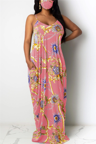 Pink Fashion Sexy adult Black Green Pink Orange purple Off The Shoulder Sleeveless Slip Swagger Floor-Length Print Patchwork Dresses