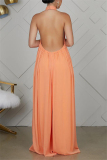 Orange Fashion Casual Mesh Sleeveless Hanging neck Jumpsuits