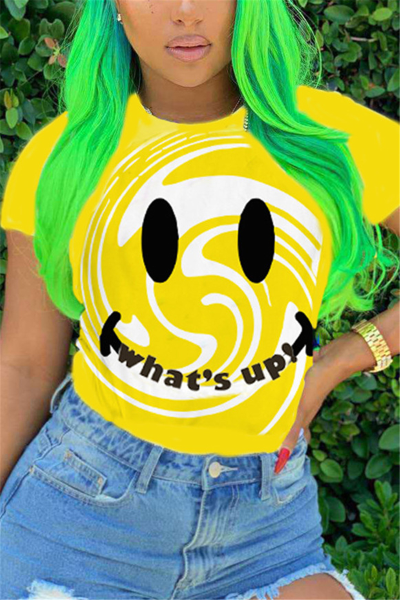 Yellow White Black Orange Yellow O Neck Short Sleeve Patchwork Print 