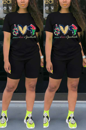 Black Fashion Casual Print Straight Short Sleeve Two Pieces