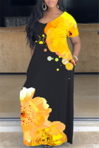 Yellow OL V Neck Floral Print Plus Size Dresses
