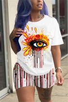 Red Fashion Casual Short Sleeve O Neck Regular sleeve Regular Eyes Printed Two Pieces