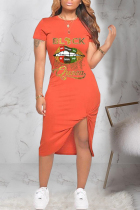 Orange Fashion Casual Elegant Regular sleeve Short Sleeve O Neck Printed Dress Knee Length Lips Printed Dresses