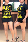Black Fashion Casual Regular sleeve Short Sleeve O Neck T-shirt Dress Mini Letter Solid Dresses