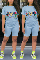 Light Blue Fashion Casual Print Straight Short Sleeve Two Pieces