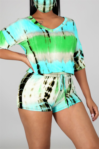 Light Green Fashion Casual Short Sleeve V Neck Regular sleeve Regular Print Tie Dye Two Pieces