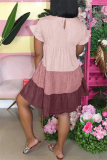 Pink Ruffled Sleeve O neck Swagger Mini Colouring Solid Hollow Out Dresses