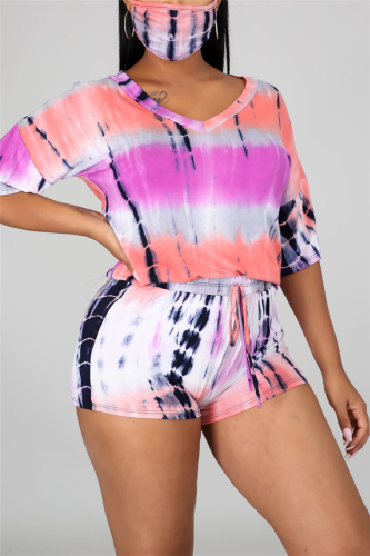 Light Purple Fashion Casual Short Sleeve V Neck Regular sleeve Regular Print Tie Dye Two Pieces