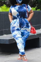 Blue Fashion Casual Street O Neck Short Sleeve Regular sleeve Print Plus Size Jumpsuit