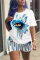 Blue Fashion Casual Short Sleeve O Neck Regular sleeve Regular Eyes Printed Two Pieces