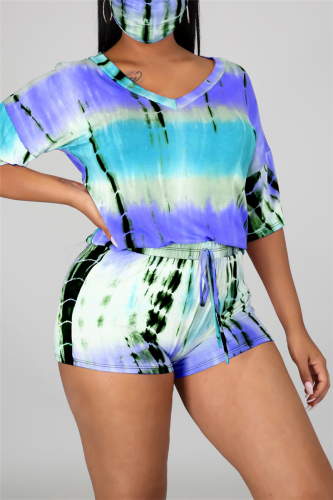 Light blue Fashion Casual Short Sleeve V Neck Regular sleeve Regular Print Tie Dye Two Pieces