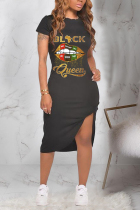 Black Fashion Casual Elegant Regular sleeve Short Sleeve O Neck Printed Dress Knee Length Lips Printed Dresses