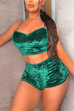 Green Sexy Sleeveless Spaghetti Strap Off The Shoulder Short Solid Two Pieces